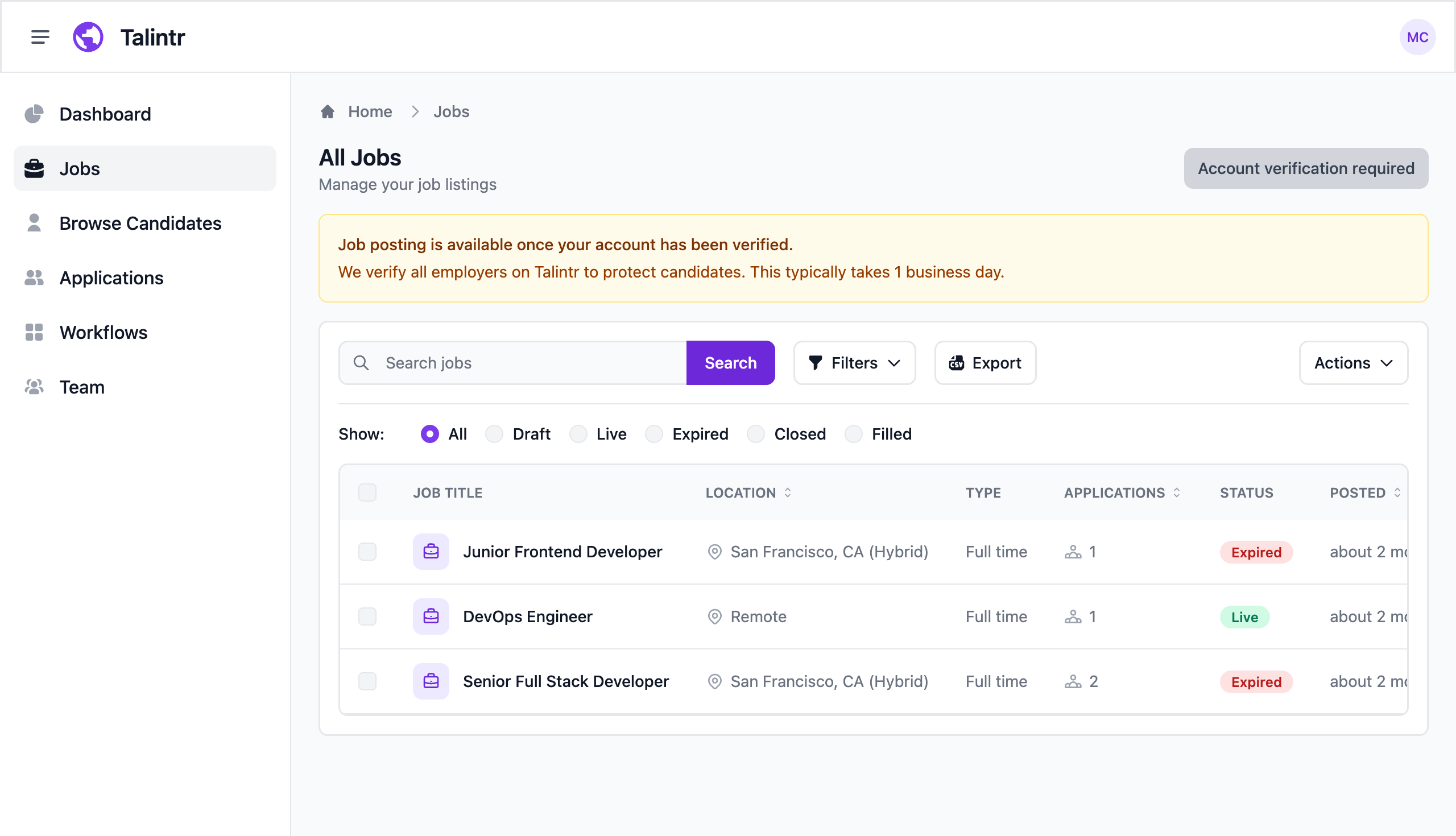 Talintr employer jobs view showing active job postings, application pipeline, and candidate management